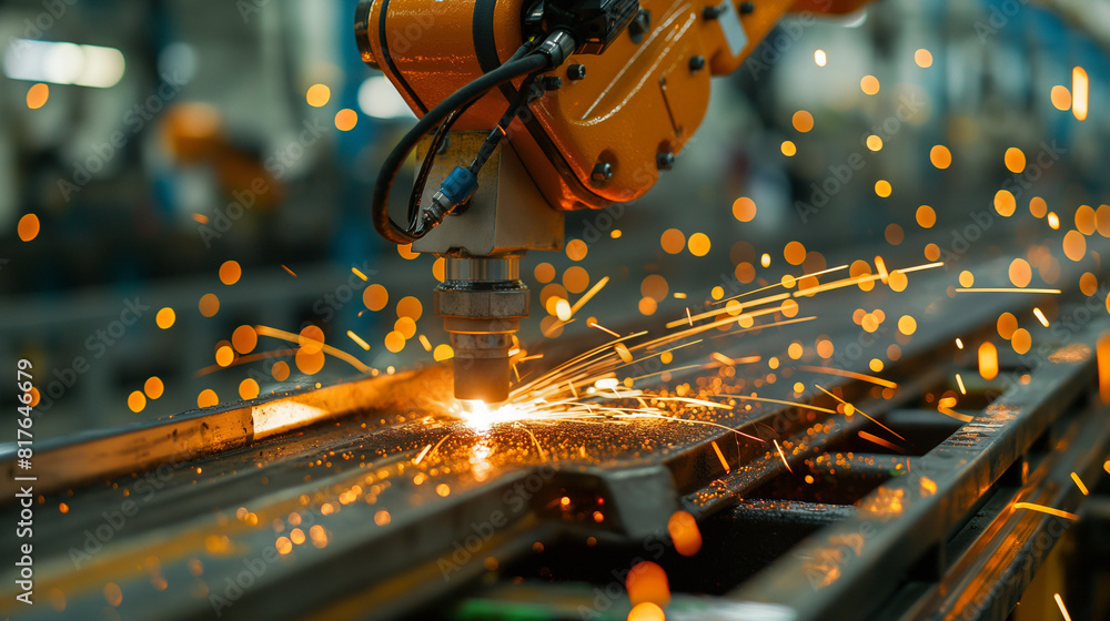 Poster close-up of a robotic arm performing precision welding on an assembly line