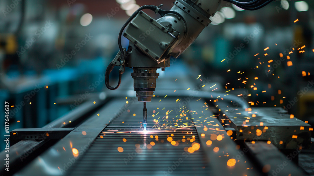Poster close-up of a robotic arm performing precision welding on an assembly line