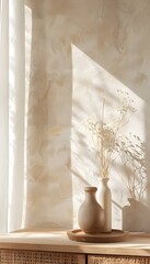 Soft Monochromatic Beige Background with Wooden Accents and Organic Dried Floral Decor in a Clean and Sophisticated Interior Setting