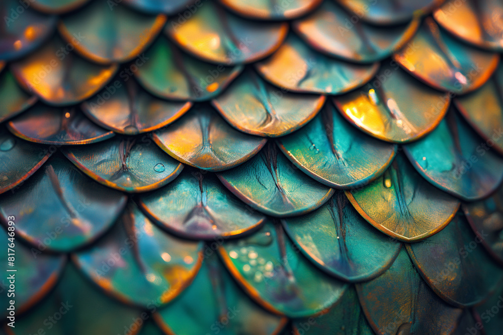 Poster close-up view of a shimmering fish scale texture as a dynamic background