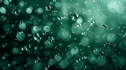 Close-up of sparkling water droplets on glass against a dark emerald-to-black gradient background 
