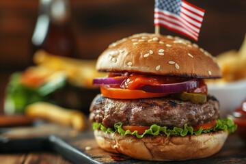 Closeup of a burger with a small American flag stuck in the top bun 