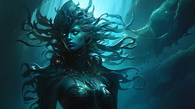 Explore an underwater kingdom where merfolk with bioluminescent faces forge alliances with sentient sea creatures in the depths.