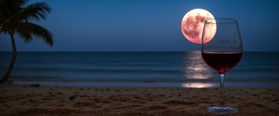 Glass of red wine on a sandy beach at night with full moon and copy space