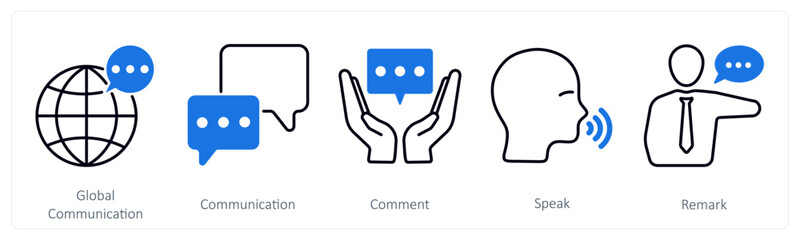 A set of 5 communication icons as global communication, communication, comment