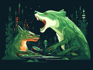 Predatorprey interactions flat design side view ecological dynamics theme cartoon drawing Complementary Color Scheme