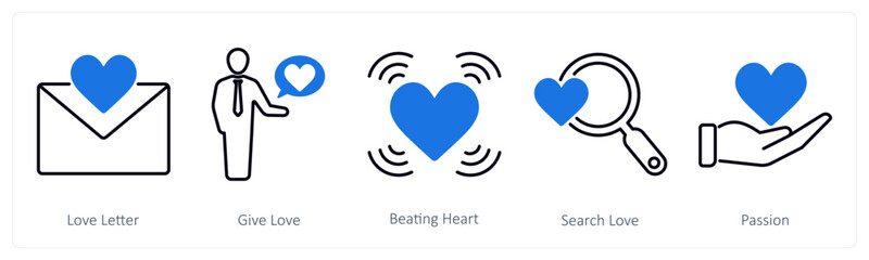 A set of 5 Love and Romance icons as love letter, give love, beating heart