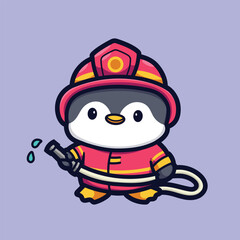 Vector Cute Cartoon Illustration of Firefighter Penguin