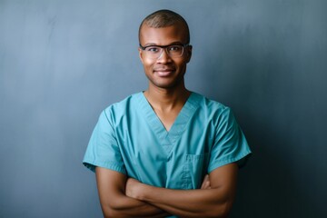 man wearing scrubs looking at camera