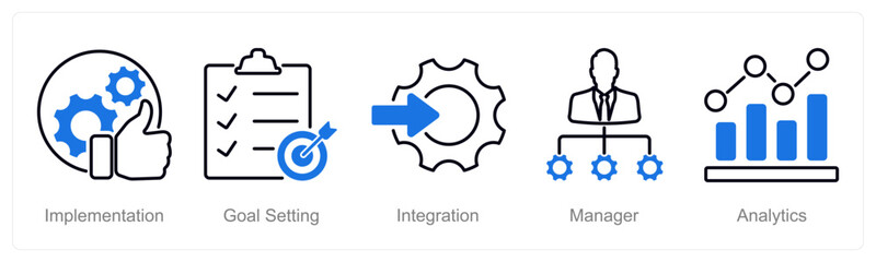 A set of 5 Project Management icons as implementation, goal setting, integration