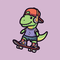 Cute Cartoon Dinosaur Skateboard Illustration