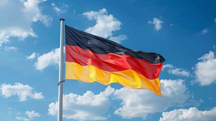 German flag flying against blue sky.