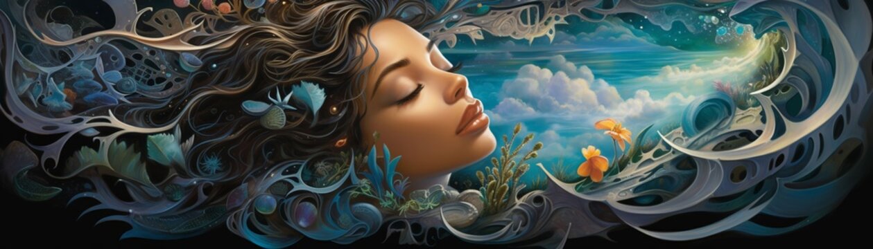 Peer into a dream realm where dreamweavers with luminous eyes craft intricate dreams for slumbering souls
