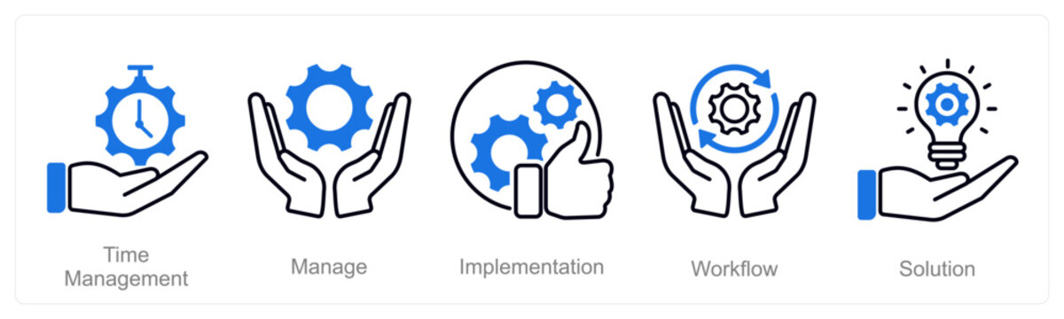 A set of 5 Project Management icons as time management, manage, implementation