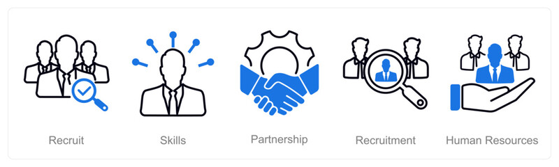 A set of 5 recruitment icons as recruit, skills, partnership, recruitment