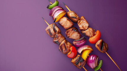 Elegant skewer with mixed grill items, minimalist style on a purple gradient background 