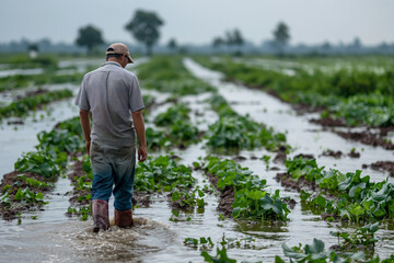 European farmer surveying his waterlogged crops after a heavy monsoon, a look of concern 