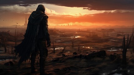 Picture a post-apocalyptic wasteland where a lone wanderer with a weathered face searches for remnants of civilization.