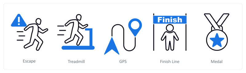 A set of 5 Running icons as escape, treadmill, gps