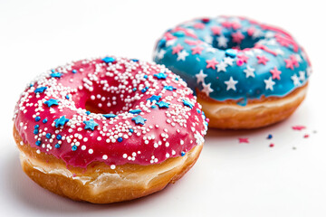 Festive Independence Day themed donuts, isolated on white with space for text 