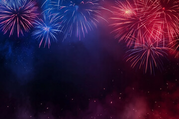 Fireworks bursting in a night sky, colors of red, blue, and white, with a wide empty space at the bottom for text 