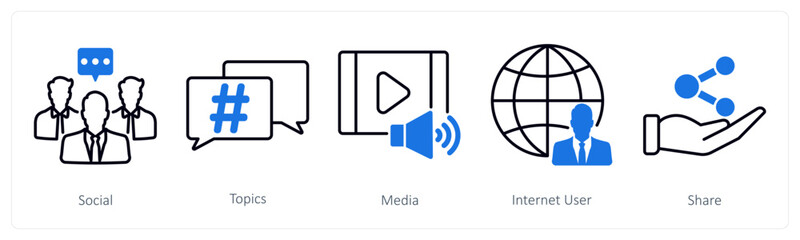 A set of 5 Social Media icons as social, topics, media