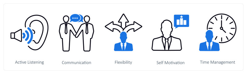 A set of 5 Soft Skills icons as active listening, communication, flexibility