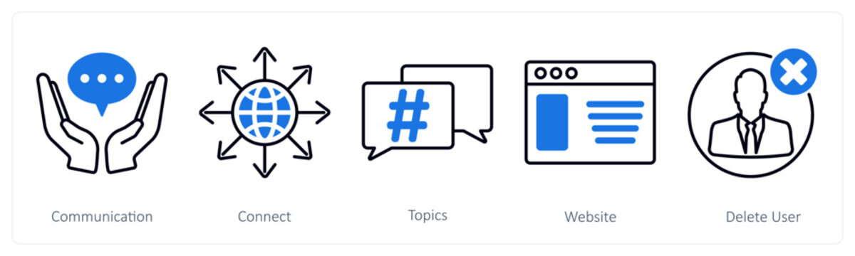 A set of 5 Social Media icons as communication, connect, topics