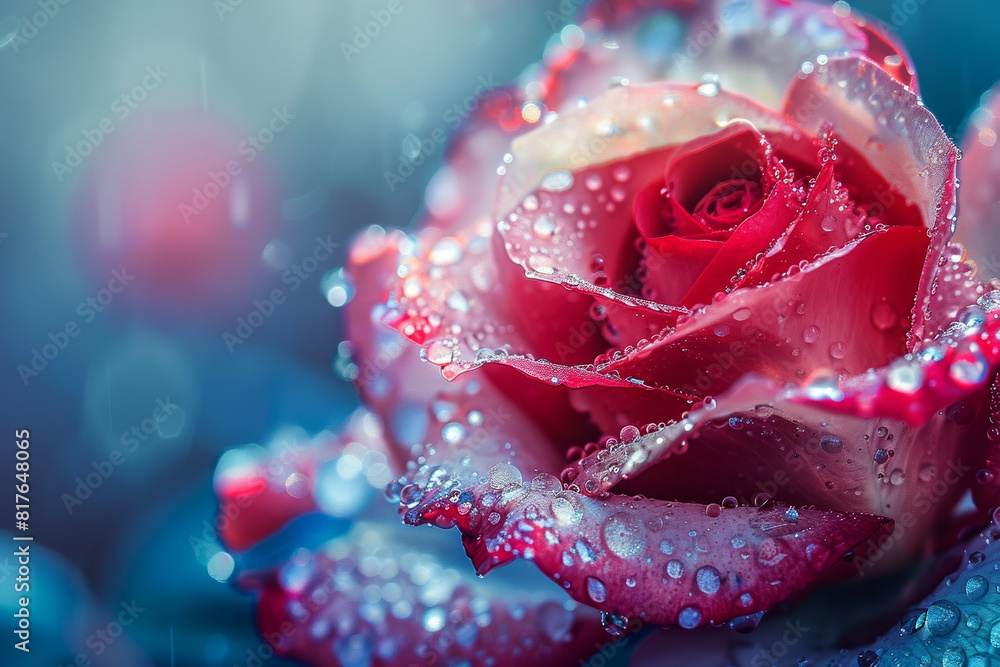 Sticker Macro shot of a dewy red rose with white and blue petals, morning light 