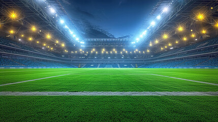 Soccer Field Thrills Dive into the textured green soccer game field in a stadium at the center and midfield 