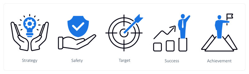 A set of 5 Success icons as strategy, safety, target