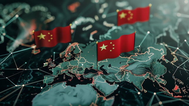 China flags positioned on a world map representing global influence and connectivity