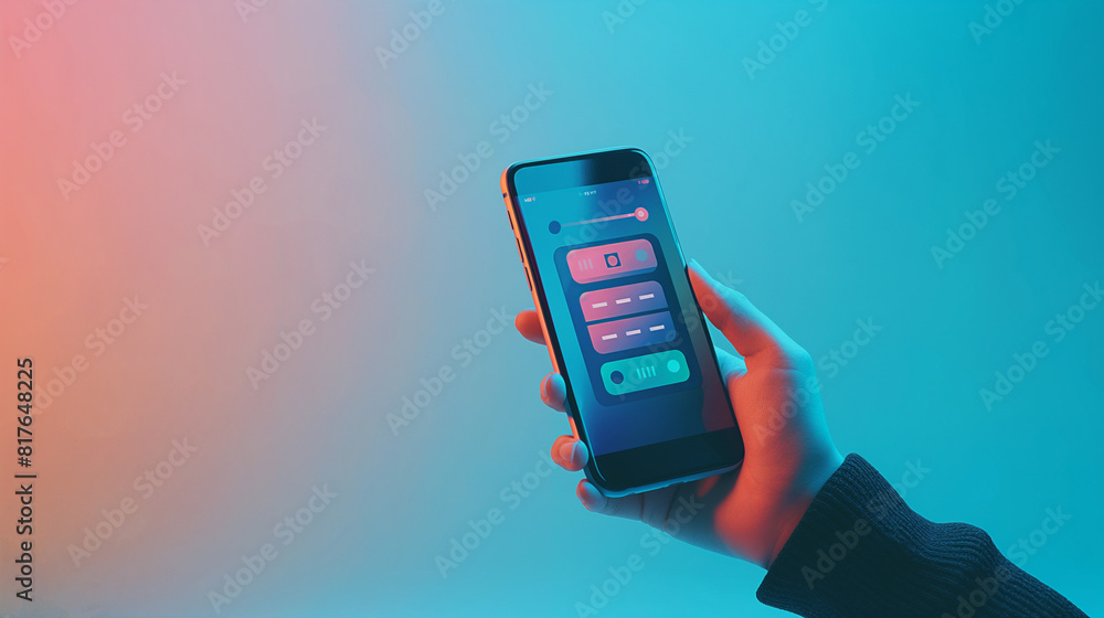 Poster minimalist image of a hand holding a smartphone with ai chatbot dialogues on screen, isolated on gra