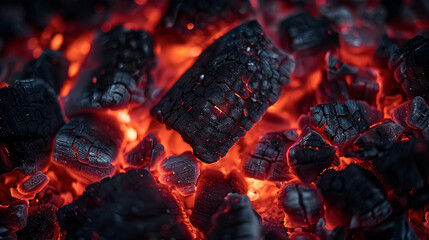 Minimalist fiery red hot coals in a grill, close-up, on a dark gradient background  - Powered by Adobe