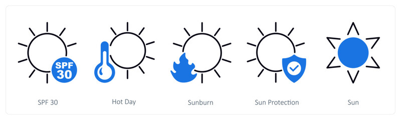 A set of 5 Sun Protection icons as spf 30, hot day, sunburn