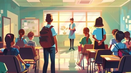 Teacher appreciation day illustration. grateful students thanking educator in school setting