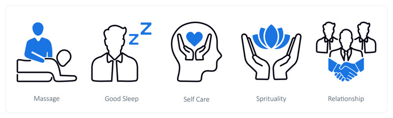 Obraz premium A set of 5 Wellness icons as massage, good sleep, self care