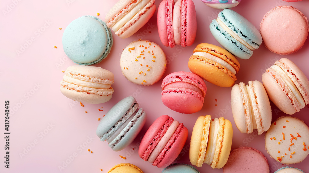 Poster overhead view of a colorful assortment of macarons on a pastel gradient background
