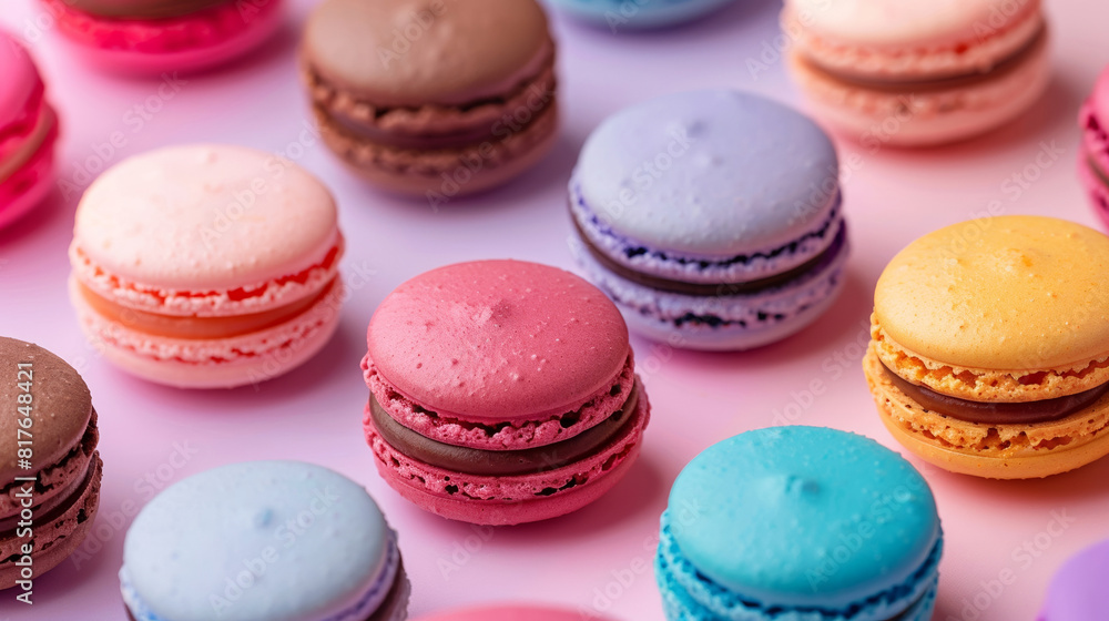 Poster overhead view of a colorful assortment of macarons on a pastel gradient background