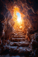 An ancient cave tunnel with rough, uneven surfaces, partially illuminated by a warm, golden light, creating a sense of depth and mystery