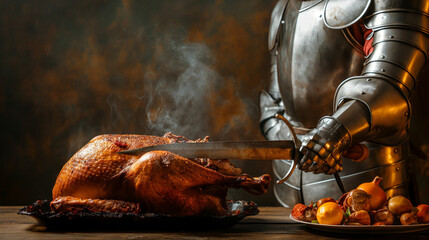 Person in medieval armor roasting a large turkey leg, stone gray gradient background 