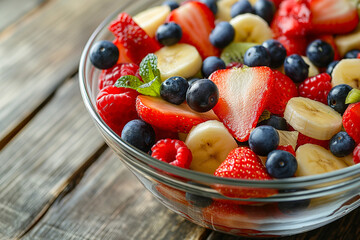 Red, white, and blue fruit salad in a glass bowl, closeup on wooden table 