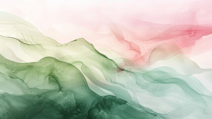 Obraz premium Soft pastel pink and green watercolor abstract, blurred lines creating a calm atmosphere, wide angle view 