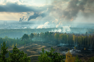 Top view of a forest bordering an industrial area emitting smoke 