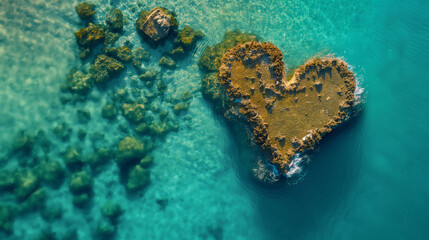 Fototapeta premium Top-down shot of a coral formation shaped like a heart, clear shallow waters around 