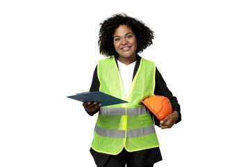 PNG,A young girl in the form of a construction worker with a hard hat, isolated on white background