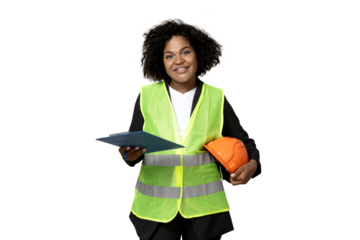 PNG,A young girl in the form of a construction worker with a hard hat, isolated on white background