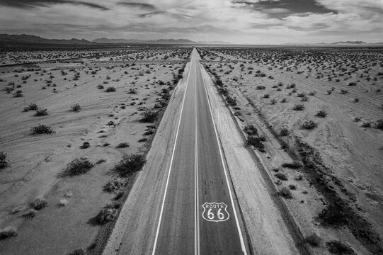 Route 66 runs straight and flat through Mojave desert, California