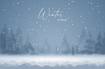 Winter watercolor banner. Night landscape with the silhouette of a distant forest. Christmas and New Year background