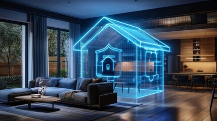 Obraz premium Innovative home security concept with a holographic house shield in a stylish living space, symbolizing privacy and protection